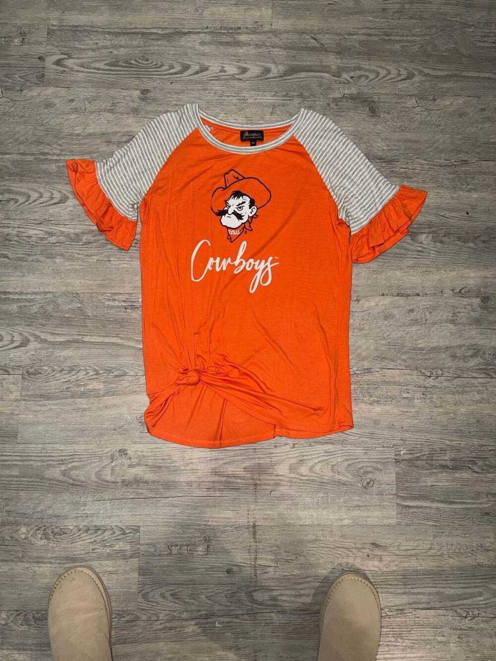 Gameday Couture Oklahoma State OSU Cowboys Striped Ruffle Sleeve Front Knot T-Sh